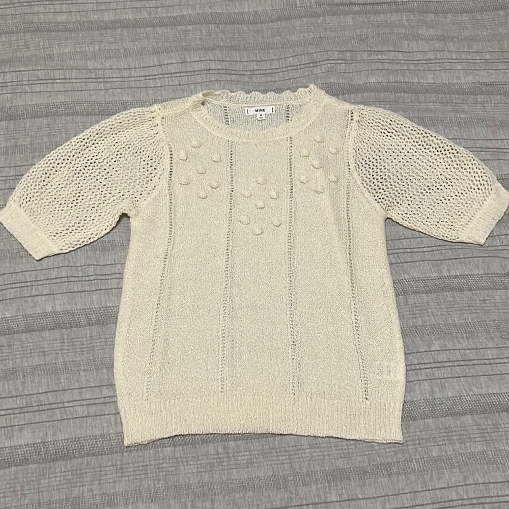 🕊Mine Neutral Cream Short Sleeve Textured Pom Pom Knit Top, Size Small